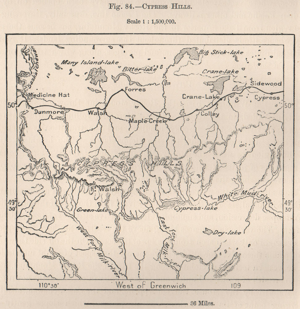 Cypress Hills. Saskatchewan/Alberta, Canada 1885 old antique map plan chart